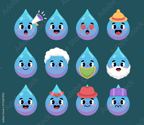 A collection of twelve cute cartoon water drop characters displaying various emotions and wearing different accessories.