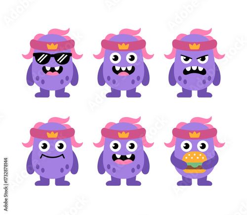 A collection of six cute purple monster characters displaying various emotions and actions.
