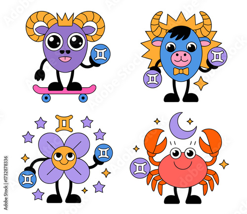 A set of four retro cartoon zodiac characters, including a ram, bull, flower, and crab, all holding the Gemini astrological sign.