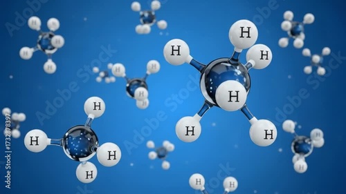 Dynamic methane molecules animate in science education and research, showcasing chemical bonds and molecular structures with vibrant blue background.