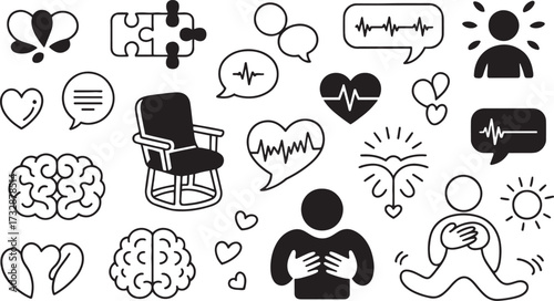 Black and white doodle icons of hearts brains puzzle pieces and people with medical symbols vector