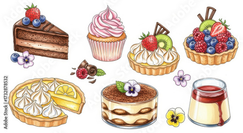 Gourmet Dessert Illustration Set: Cake, Tart, Tiramisu, and Panna Cotta, cupcake, lemon meringue tart, meringue, chocolate cake, fruit tart, pastry, sweet treat