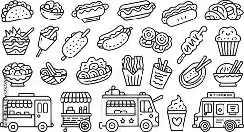 Black and white doodle icons of street food and food trucks taco bowl of food