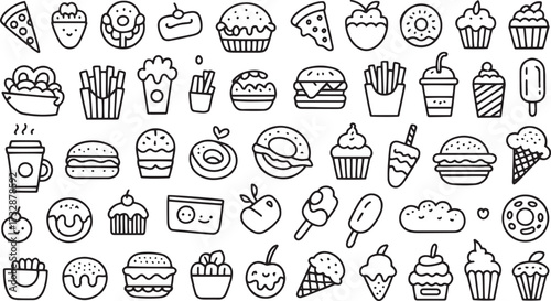 Black and white doodle icons of various fast food and sweet treats pattern