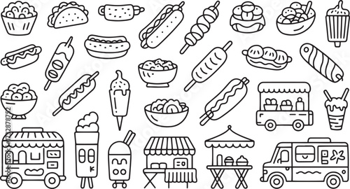 Black and white doodle pattern of street food and ice cream illustration
