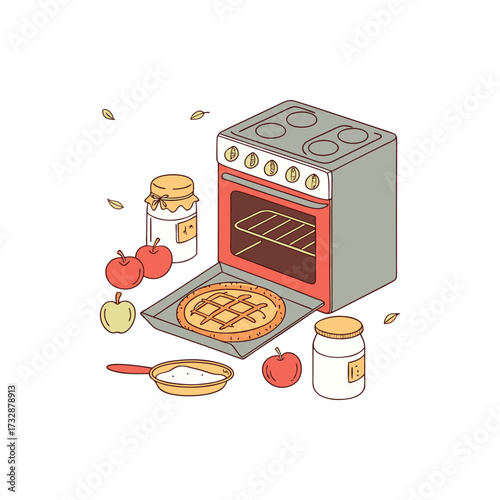 Cozy autumn baking scene apple pie oven and kitchen accessories