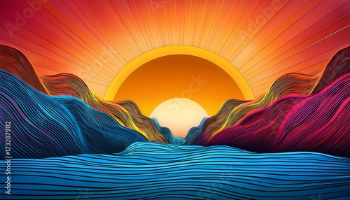 A Vibrant Stylized Landscape Featuring Mountains Sun And Waves In Bright Colors Ideal For Nature Themed Projects