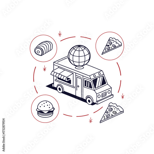 Food truck line art illustration offering global cuisine delivery service