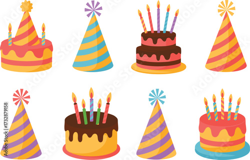 Birthday Cake & Party Hat Bundle vector on white background