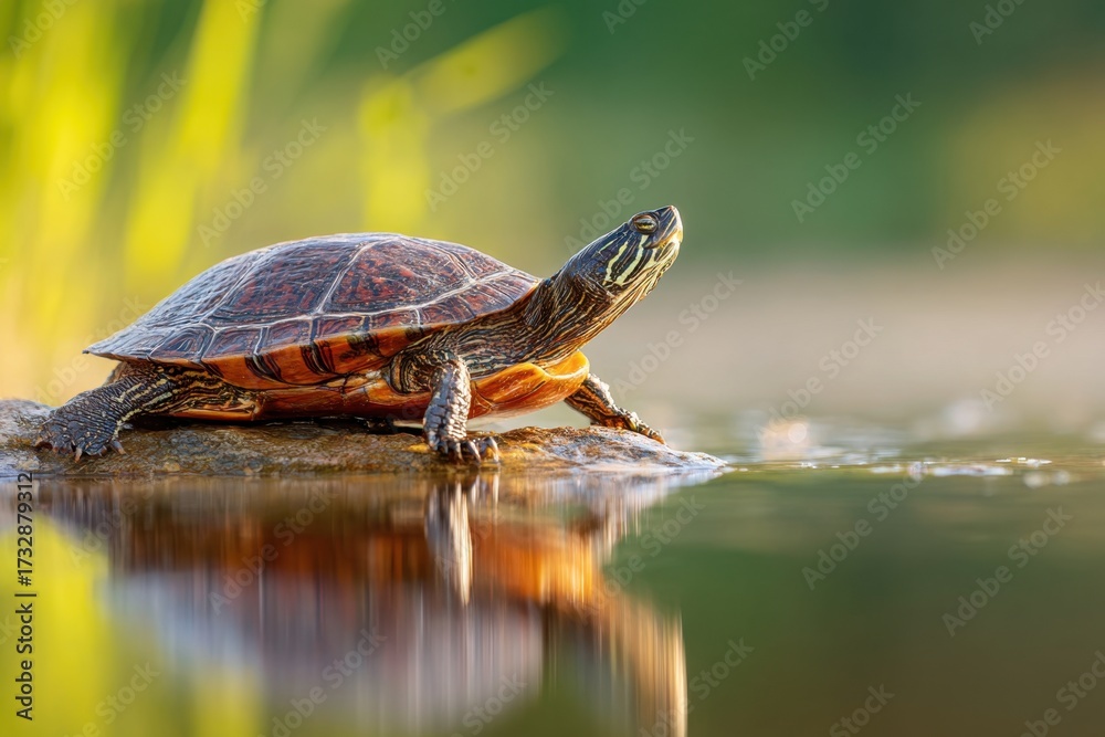 Fototapeta premium Turtle Basking by a Pond