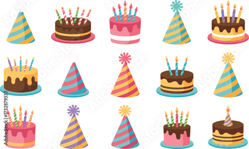 Birthday Cake & Party Hat Bundle vector on white background