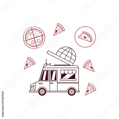 Pizza food truck illustration with delicious pizza slices and baseball cap