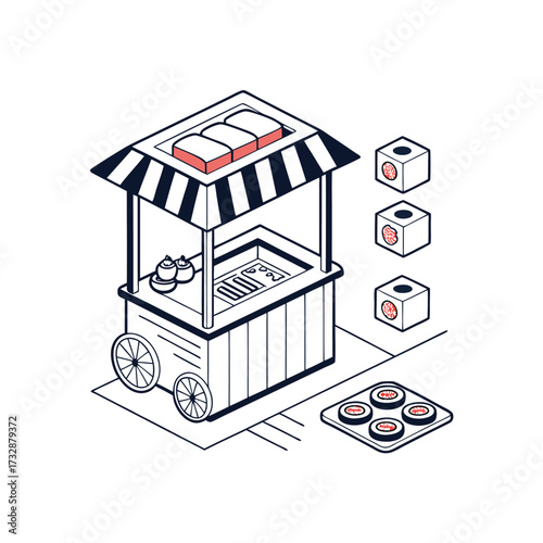 Street food cart isometric design with asian food and desserts