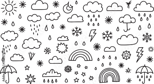 Black and white hand drawn doodle pattern of weather icons including sun clouds rain snowflakes lightning umbrellas and rainbows