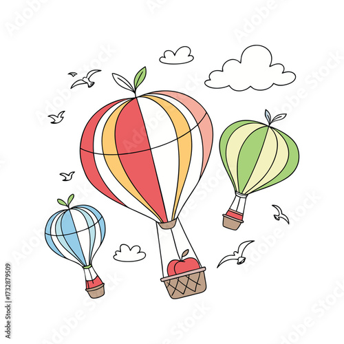 Whimsical hot air balloons apple themed illustration against white backdrop