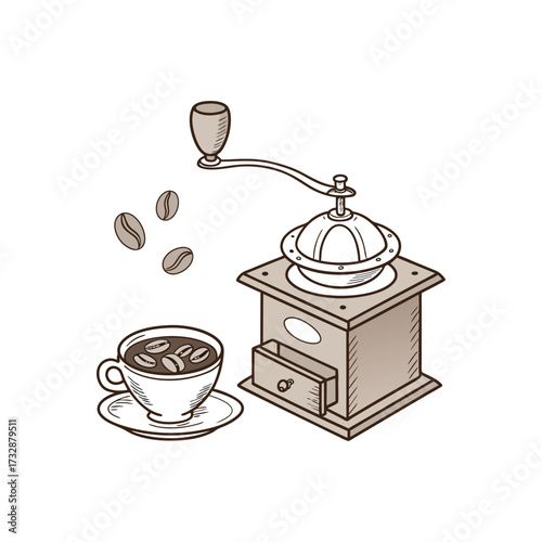 Vintage Coffee Grinder with Cup and Beans Vector Illustration Design
