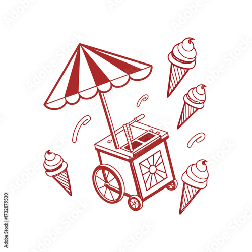Whimsical Ice Cream Cart Illustration with Floating Ice Cream Cones