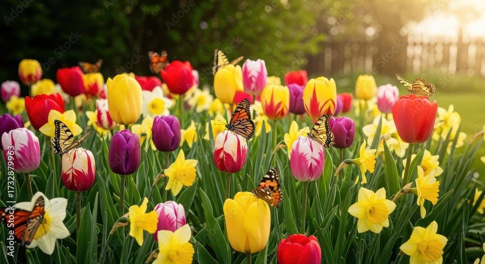 Fototapeta premium Tulips and butterflies springtime garden
