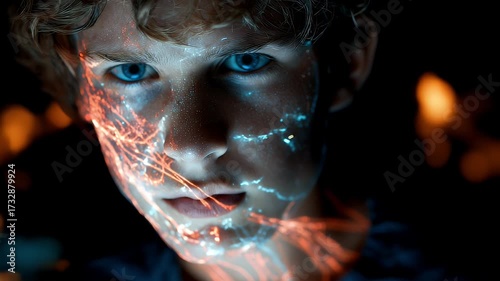 A young man manipulates a glowing hologram of a global network against a dark backdrop with neon lights, showcasing futuristic technology