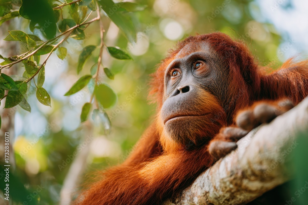 Fototapeta premium Young orangutan resting on a tree branch