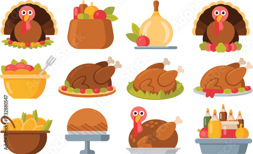 Thanksgiving Turkey & Food Clip Art Pack vector on white background