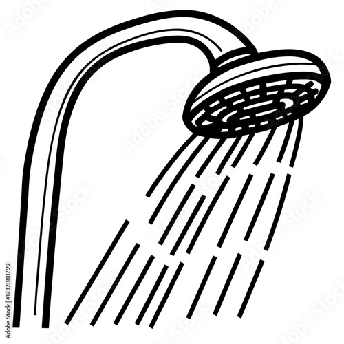 Simple line drawing of shower head with water flowing down  