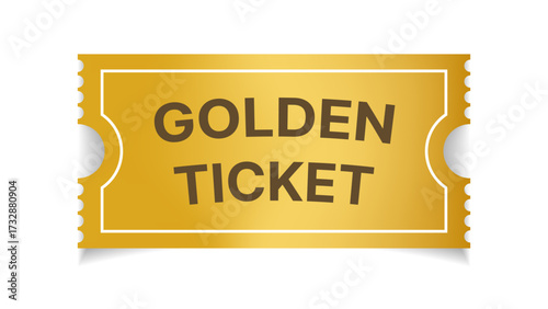 Golden ticket vector illustration, gold coupon or discount tag mockup isolated on white background, cinema concert theater party festival event invitation entrance pass design