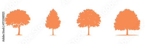 Four Orange Tree Silhouettes on a White Background