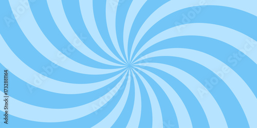 Abstract blue swirl starburst background. Groovy spiral design with curved radial lines creating motion and energy. Retro psychedelic style vector illustration for posters, web, and creative projects.