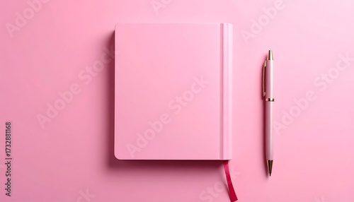 A flush, top-down image features a vibrant pink notebook alongside a coordinating pen with gold accents, resting on a matching pink surface