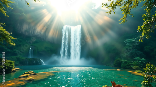 Majestic Jungle Waterfall with Mist and Sun Rays