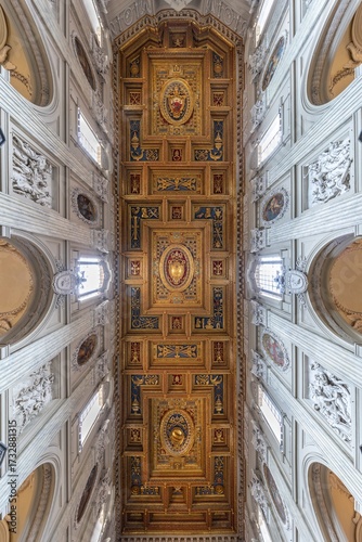Rome, Italy - April 25, 2025: Ceiling Interior of the Basilica of St. John Lateran in Rome