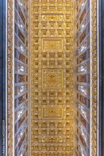 Rome, Italy - April 26, 2025: The decorated ceiling of the Papal Basilica of St. Paul Outside the Walls in Rome, Italy