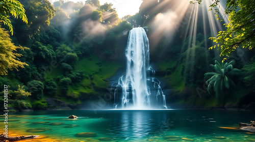 Majestic Jungle Waterfall with Mist and Sun Rays
