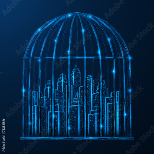 The caged city. The concept of limitation of freedom, isolation within the boundaries of urbanization or the digital world. Low-poly design, blue background.