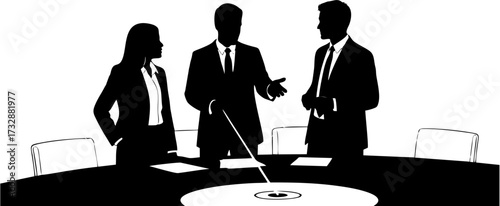 Vector illustration silhouette of a professional business team, two men and a woman, collaborating during a corporate meeting in a boardroom