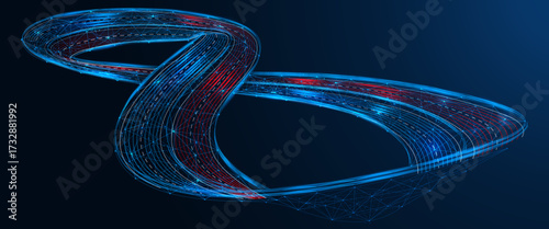 The road of infinity. The concept of an endless path, development and continuous progress. Low-poly design of interconnected lines and dots, blue background.