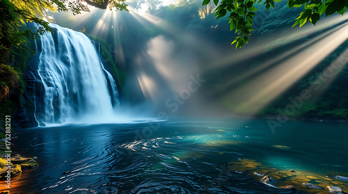 Majestic Jungle Waterfall with Mist and Sun Rays