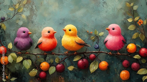 Four colorful birds on branch with berries