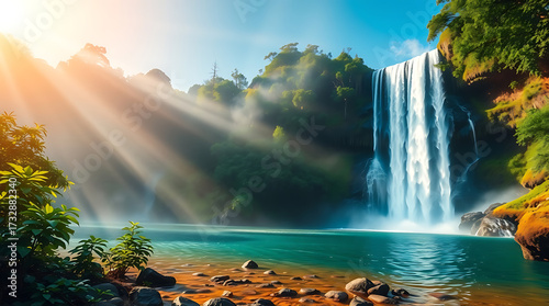 Majestic Jungle Waterfall with Mist and Sun Rays