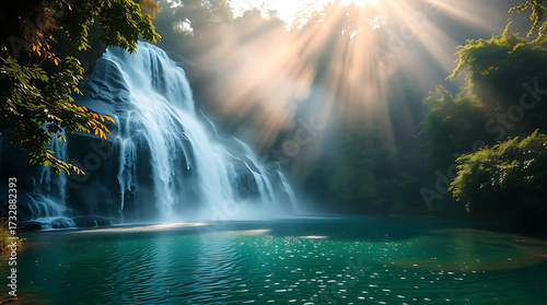 Majestic Jungle Waterfall with Mist and Sun Rays