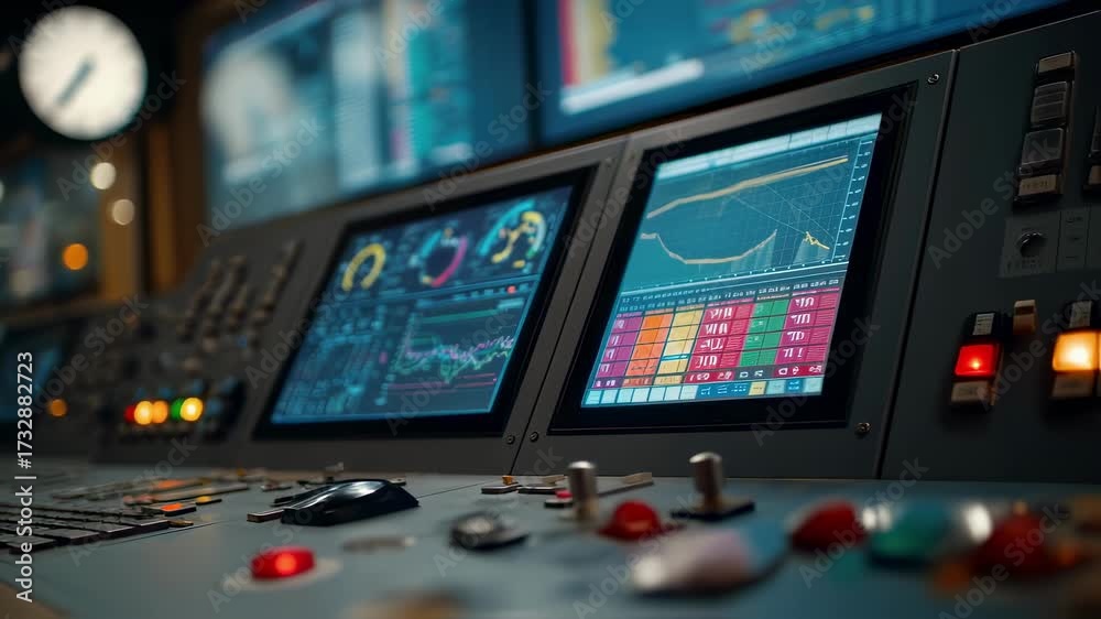 Modern control room console displaying complex data, graphs, and charts ...