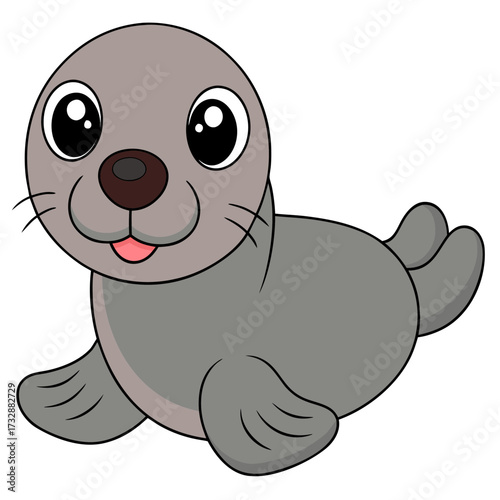 Cartoon gray seal swimming cheerfully on a white background