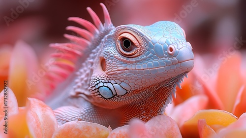 Colorful iguana among floral petals