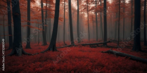 Bosque envuelto en niebla con suelo rojo intenso y árboles oscuros en atmósfera mística de otoño
