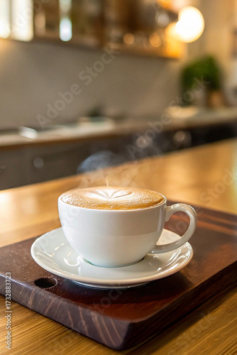  freshly made latte is served in a clean, white ceramic cup and saucer