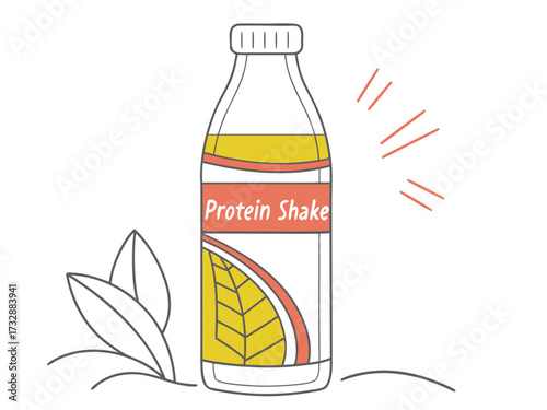Protein shake bottle with label and leaves on transparent background  