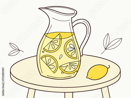 Lemonade pitcher with lemon slices on table in minimal style  