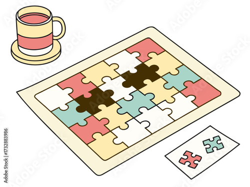 Jigsaw puzzle on table with cup and loose puzzle piece nearby  