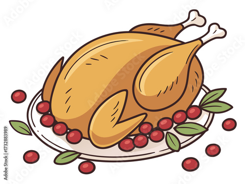 Roasted turkey with cranberries on white serving plate  